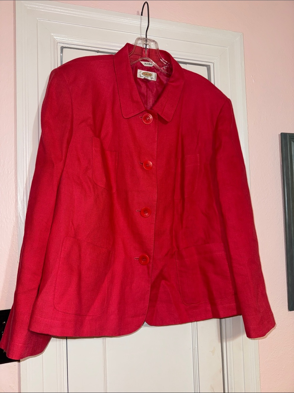 Hot Pink Women's Button-Up Jacket - Classic Collar- Irish Linen